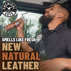 Chemical Guys AIR_300 Leather Scent bottle delivers luxurious leather aroma for cabin ambience.