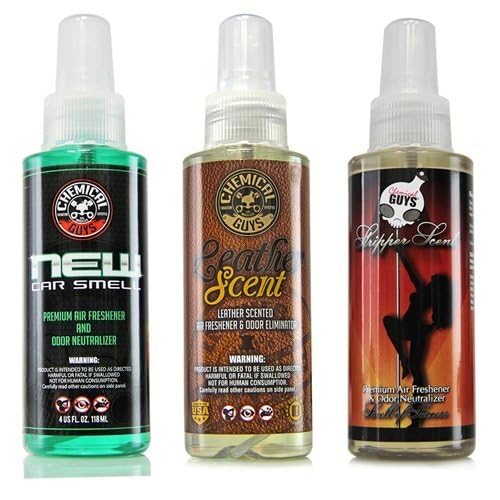 Chemical Guys AIR_301_04 leather and signature scent bottles for interior refresh.