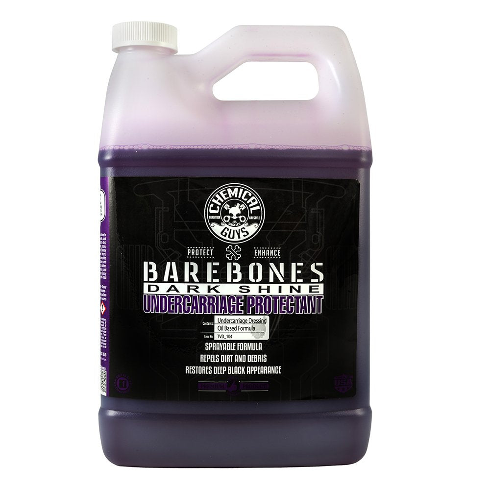 Chemical Guys Bare Bones Dark Shine undercarriage spray restores deep black color on undercarriage surfaces