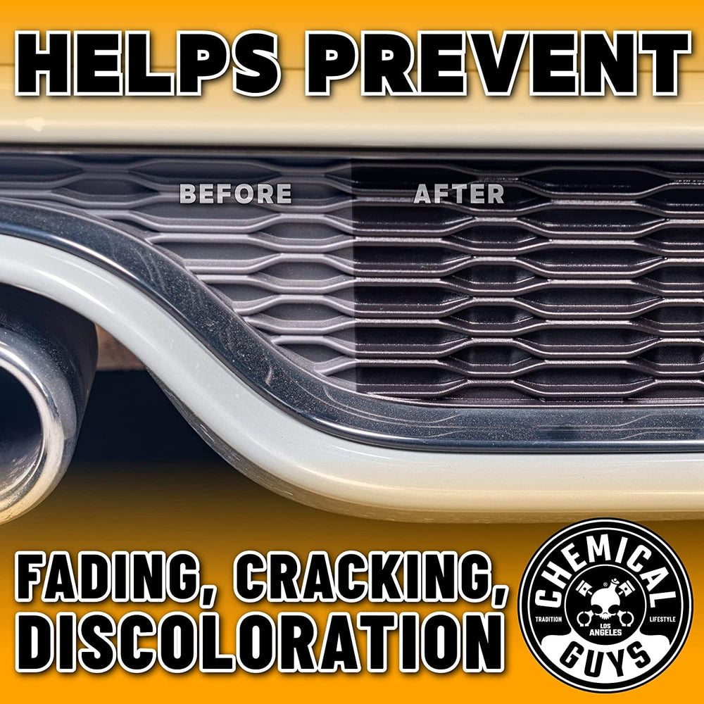 Chemical Guys Black On Black Trim Shine enables fast application to dull trim.