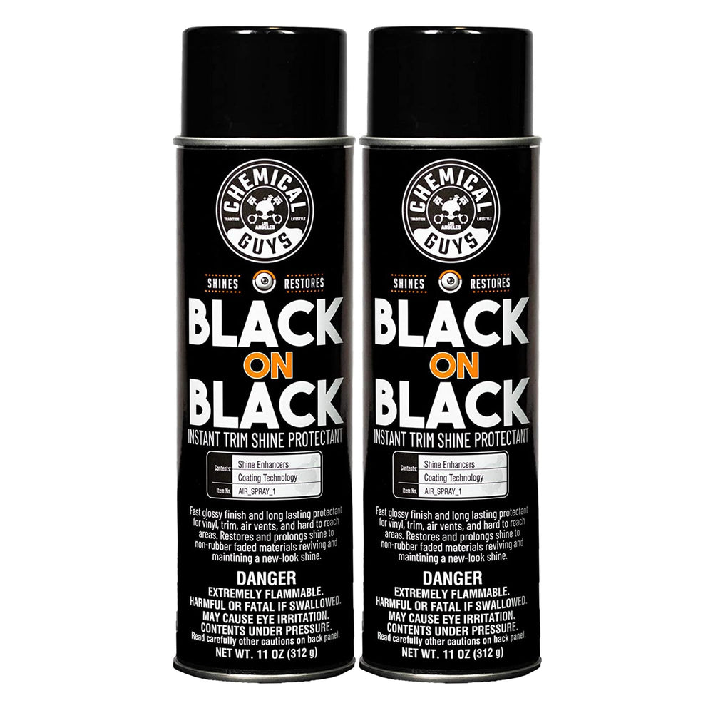 Chemical Guys Black On Black Trim Shine bottle pour delivering deep gloss on exterior trim.