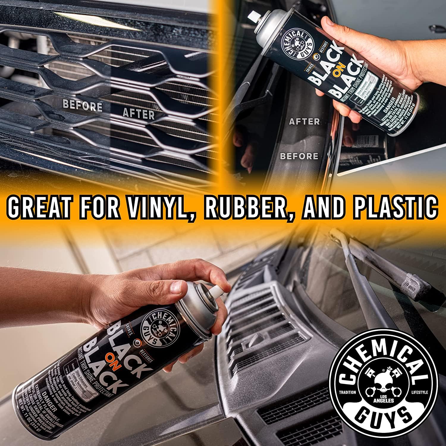 Chemical Guys Black On Black Trim Shine creates a high gloss after treatment result.