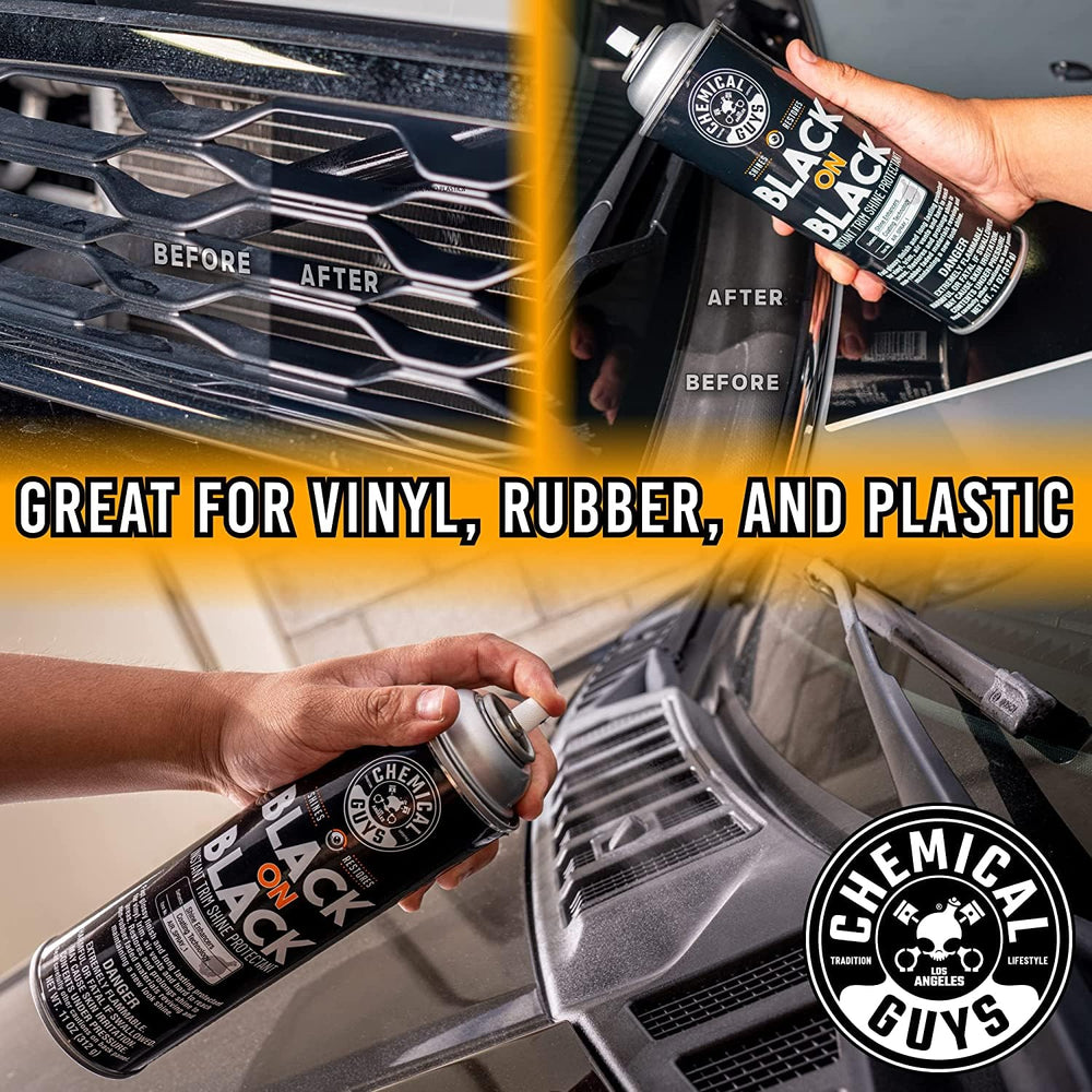 Chemical Guys Black On Black Trim Shine creates a high gloss after treatment result.