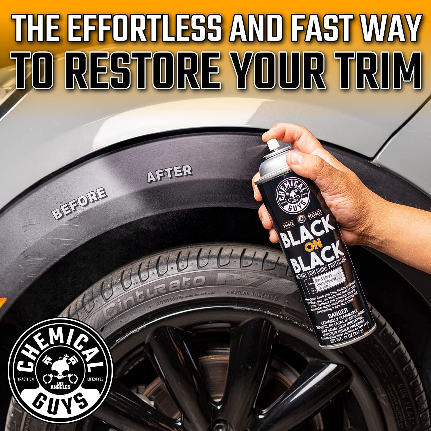 Chemical Guys Black On Black Trim Shine enhances tires with a rich black appearance.