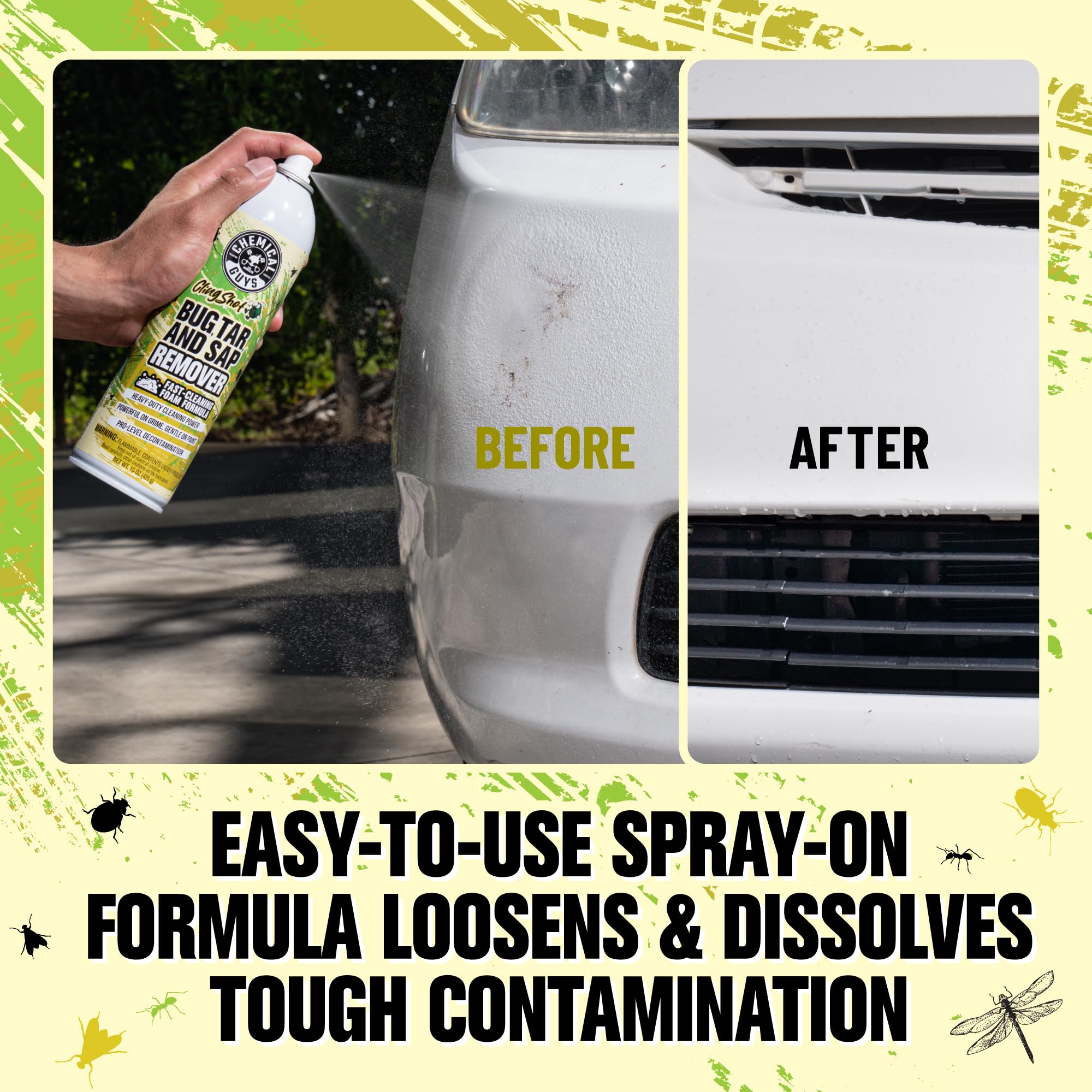 Chemical Guys Bug Sap Tar Remover aerosol application reaches grilles for targeted cleaning.