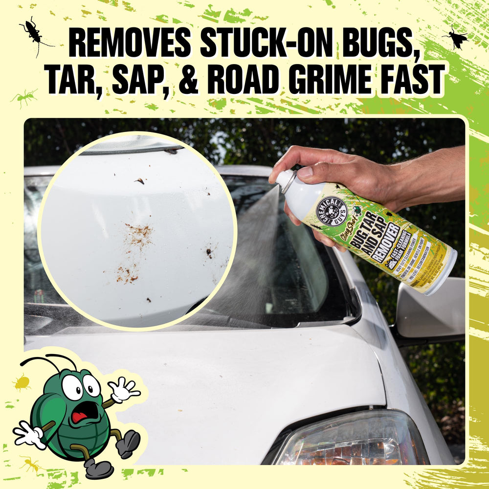 Chemical Guys Bug Sap Tar Remover bottle front label helps quick recognition during detailing.