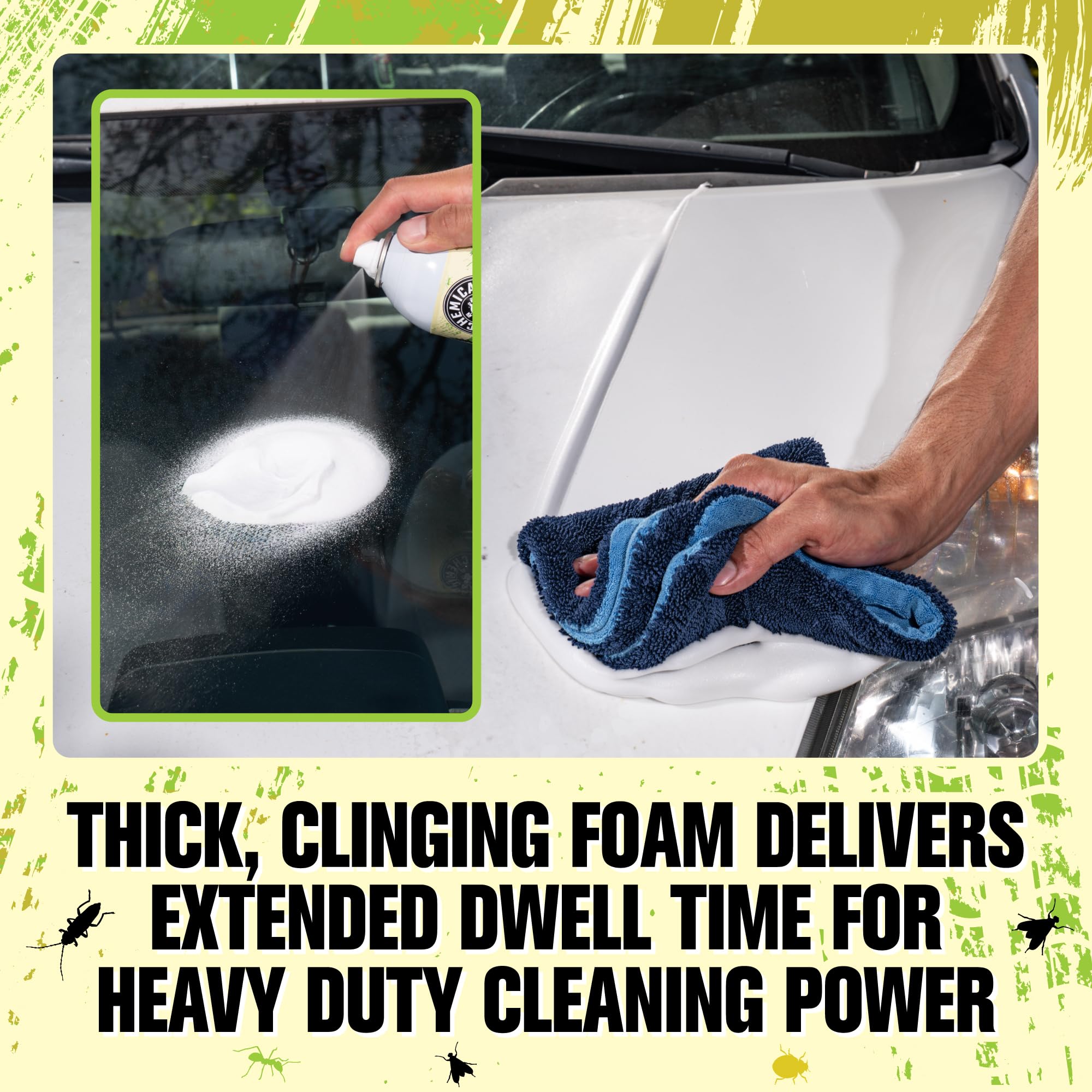 Chemical Guys Bug Sap Tar Remover mirrors and windshields for clearer pre-wash results.