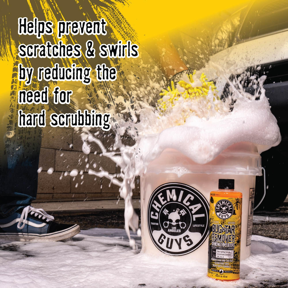 Tar stain softening on painted surface with Chemical Guys Bug & Tar Remover.