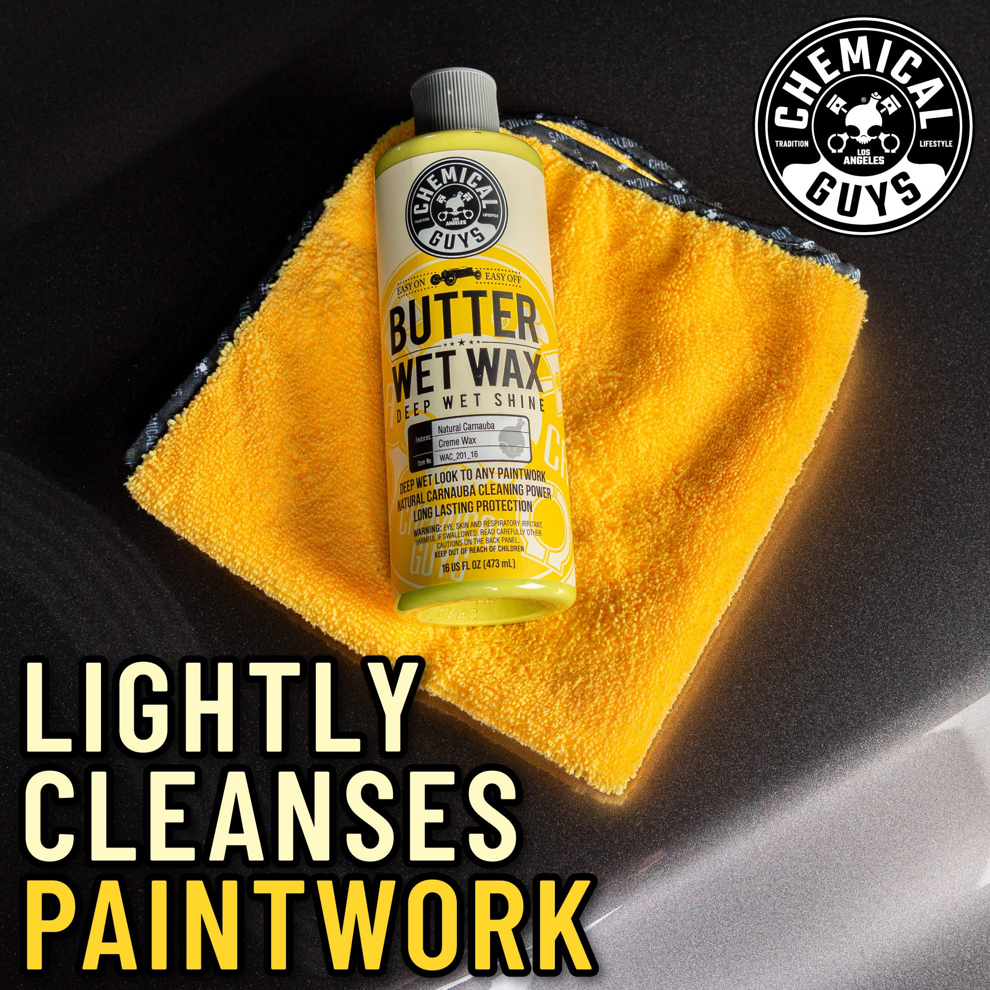 Chemical Guys Butter Wet Wax applied to car finish enhances gloss and depth.