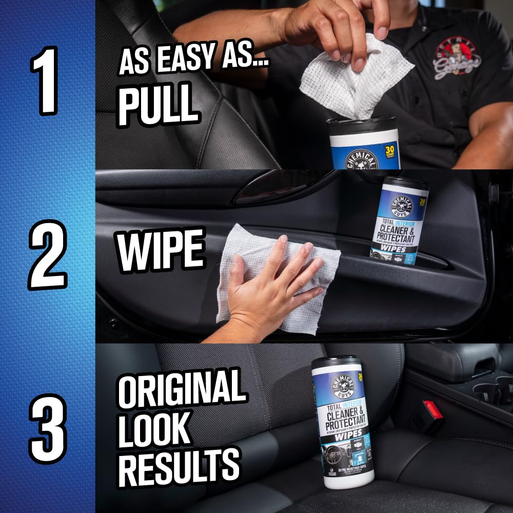 Chemical Guys Canister Wipes cleaning a dusty dashboard for a refreshed look.