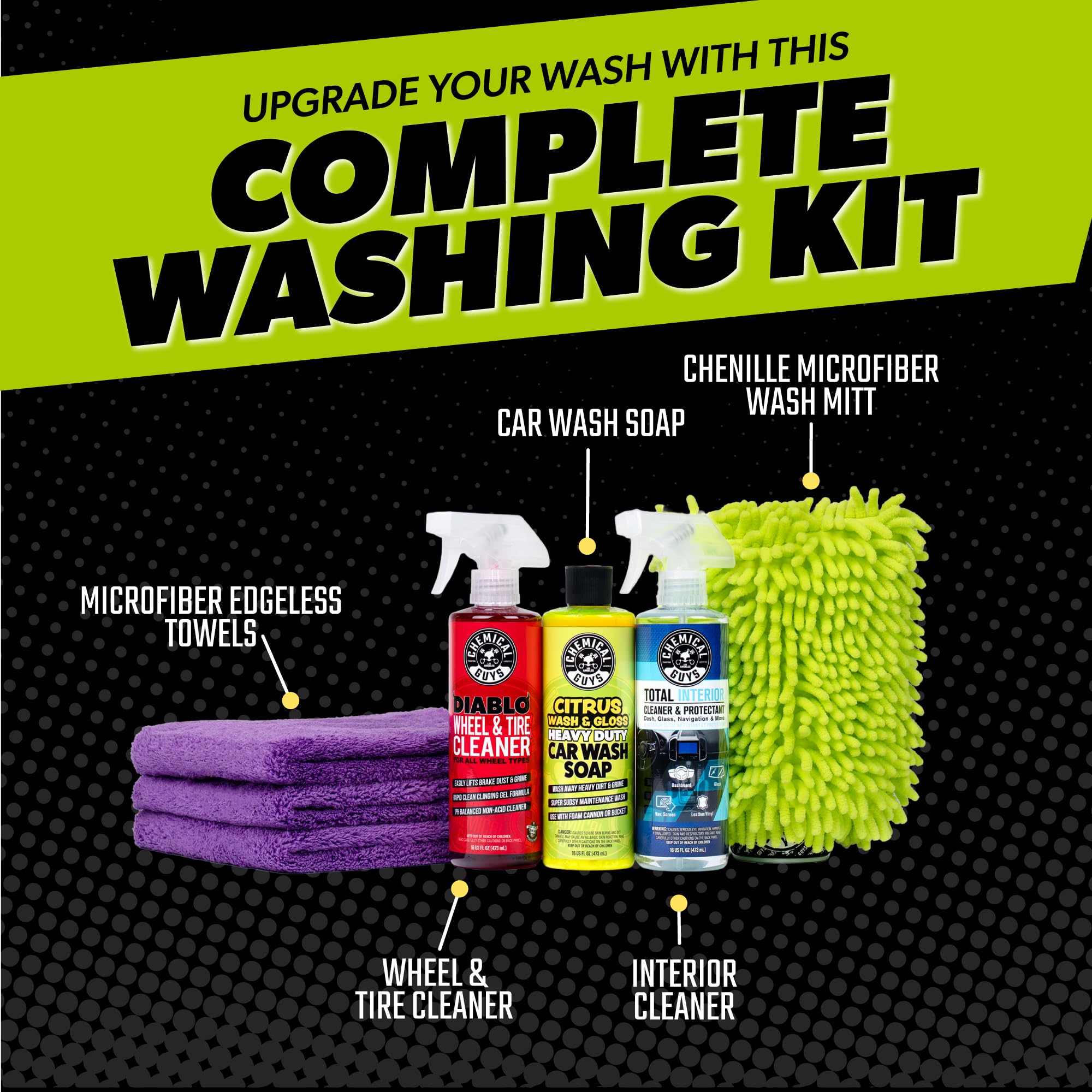 Chemical Guys car cleaning kit wheel-cleaner: targets grime while protecting rims.
