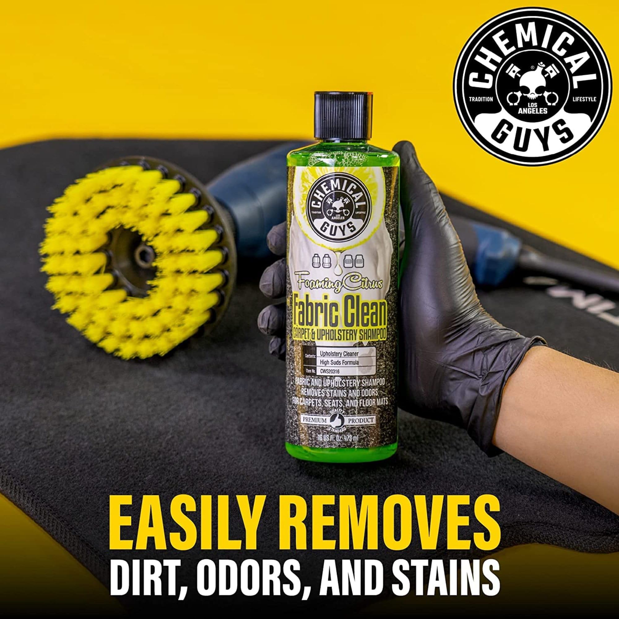 Chemical Guys car interior foam cleaner applied to seats for stain lift