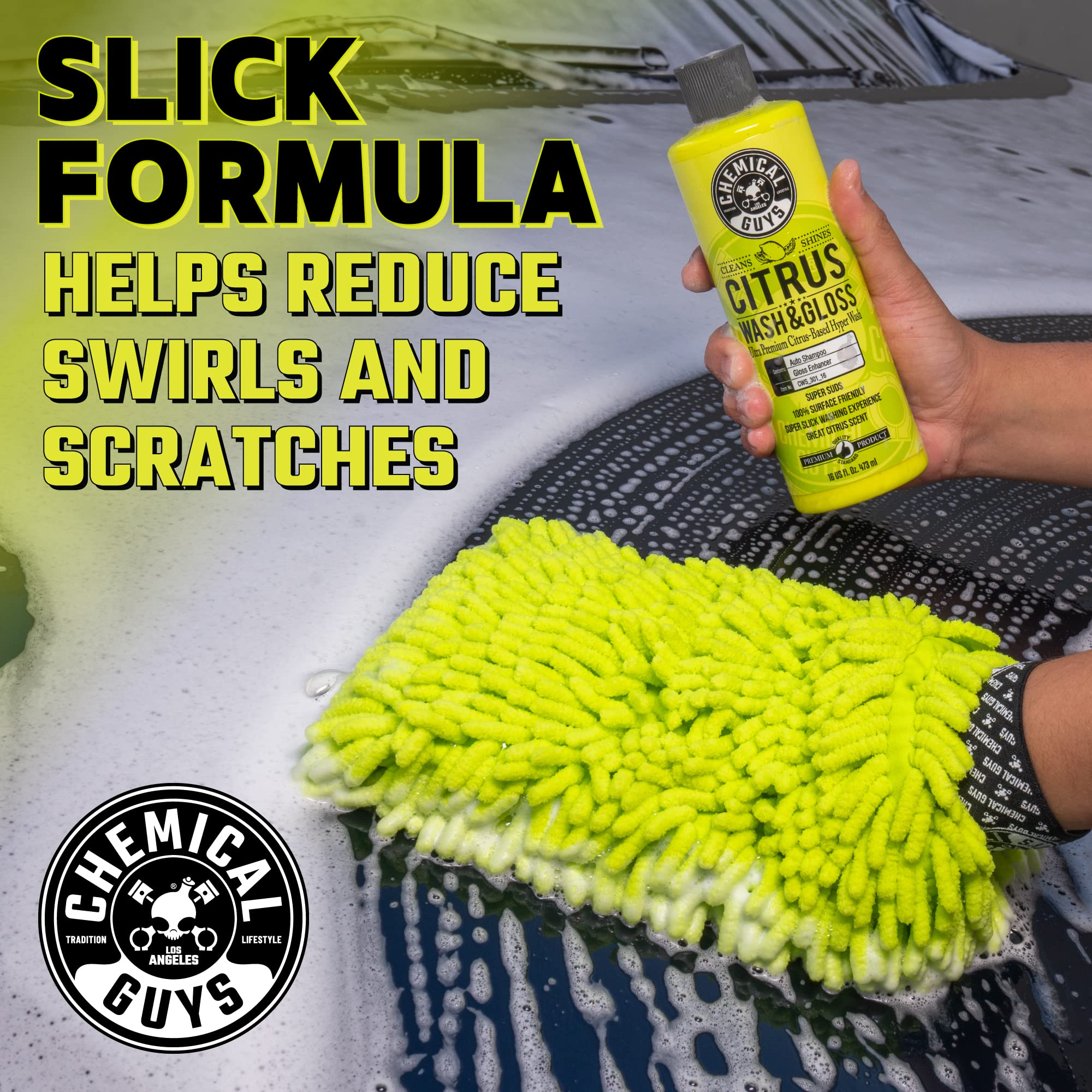 Chemical Guys Citrus Wash & Gloss suds enhance depth and clarity on painted surfaces.
