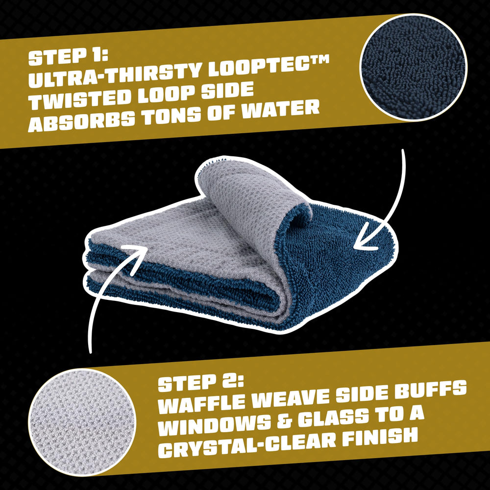 Chemical Guys Clean Stroke glass towel in use on mirrors and glass surfaces