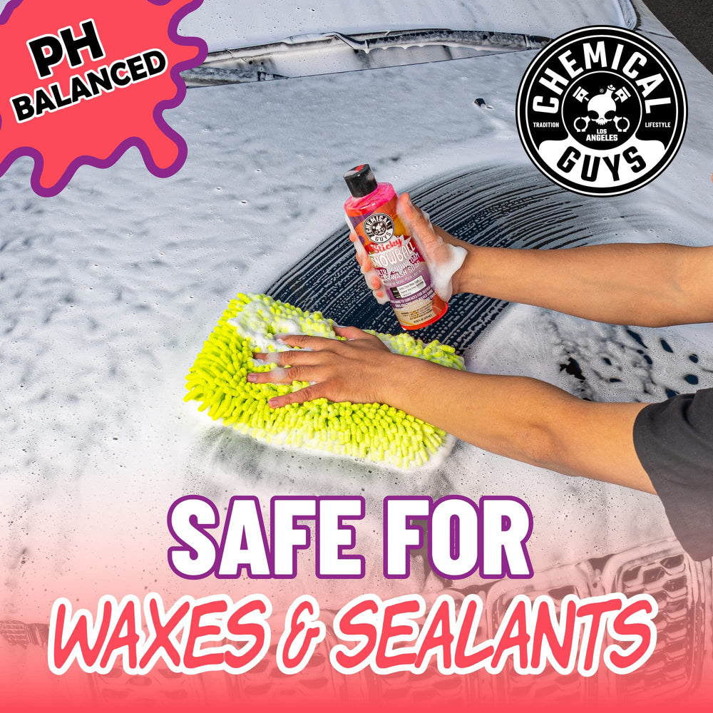 Chemical Guys Sticky Snowball foam-gun setup illustrates adjustable foam for coverage.