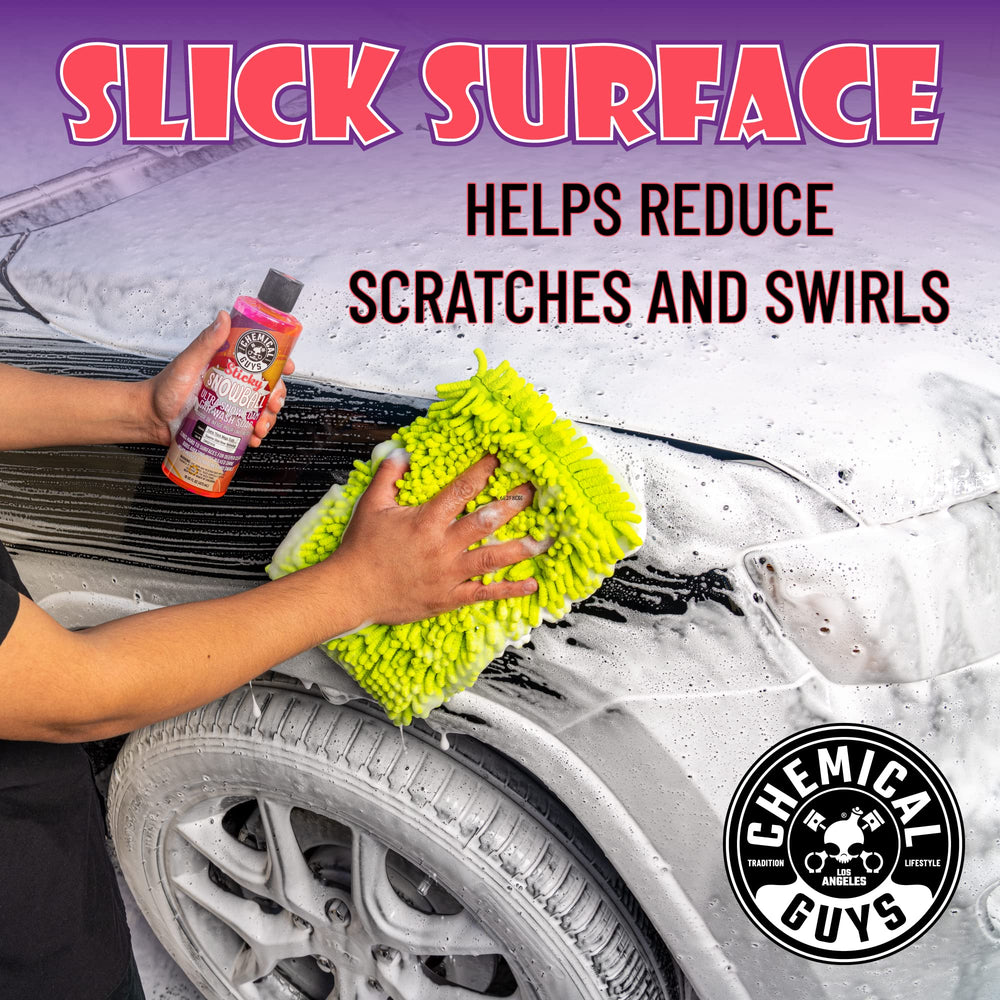 Chemical Guys Sticky Snowball label-closeup highlights cherry scent notes.