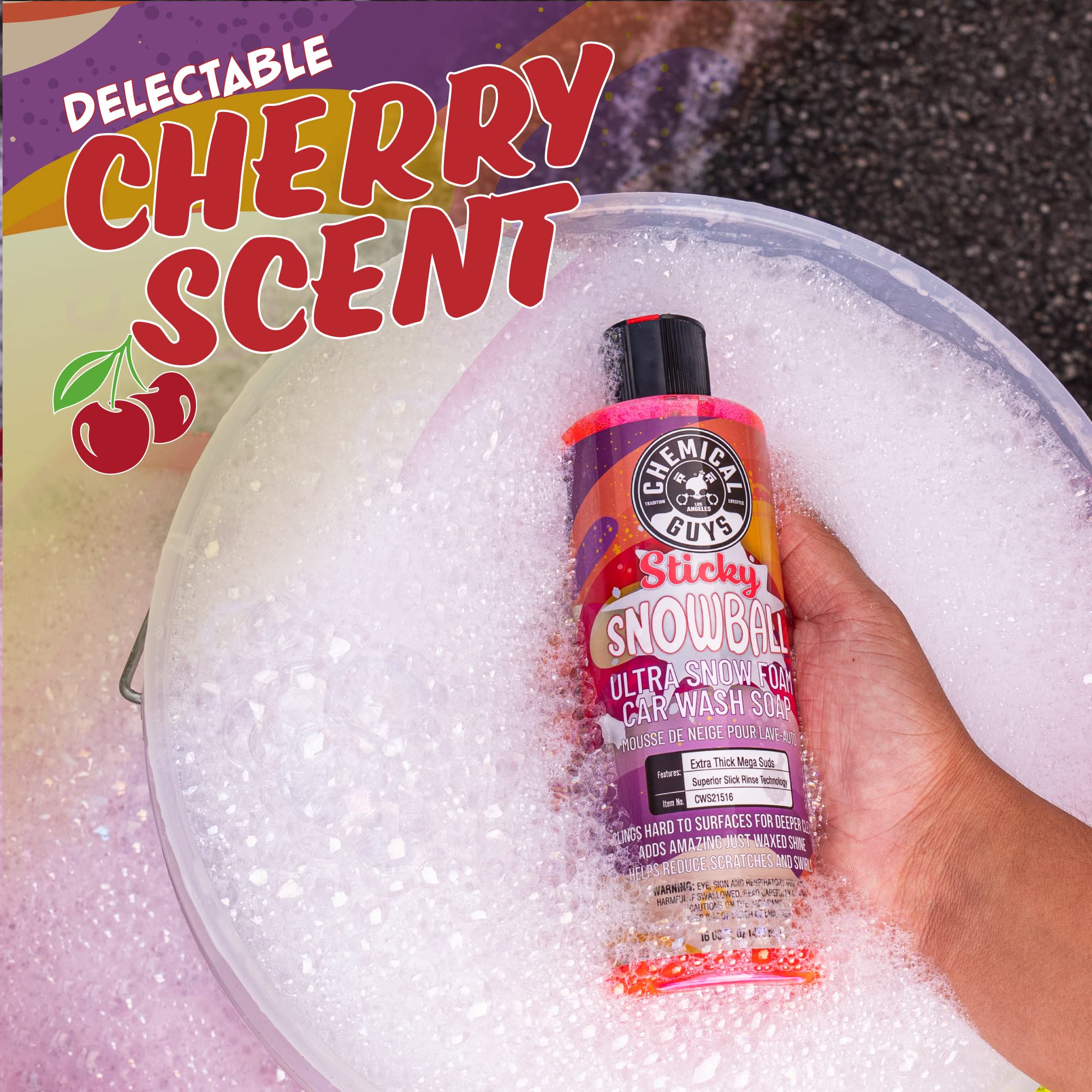 Chemical Guys Sticky Snowball foam cannon scene shows thick foam for easy wash.