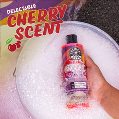 Chemical Guys Sticky Snowball foam cannon scene shows thick foam for easy wash.