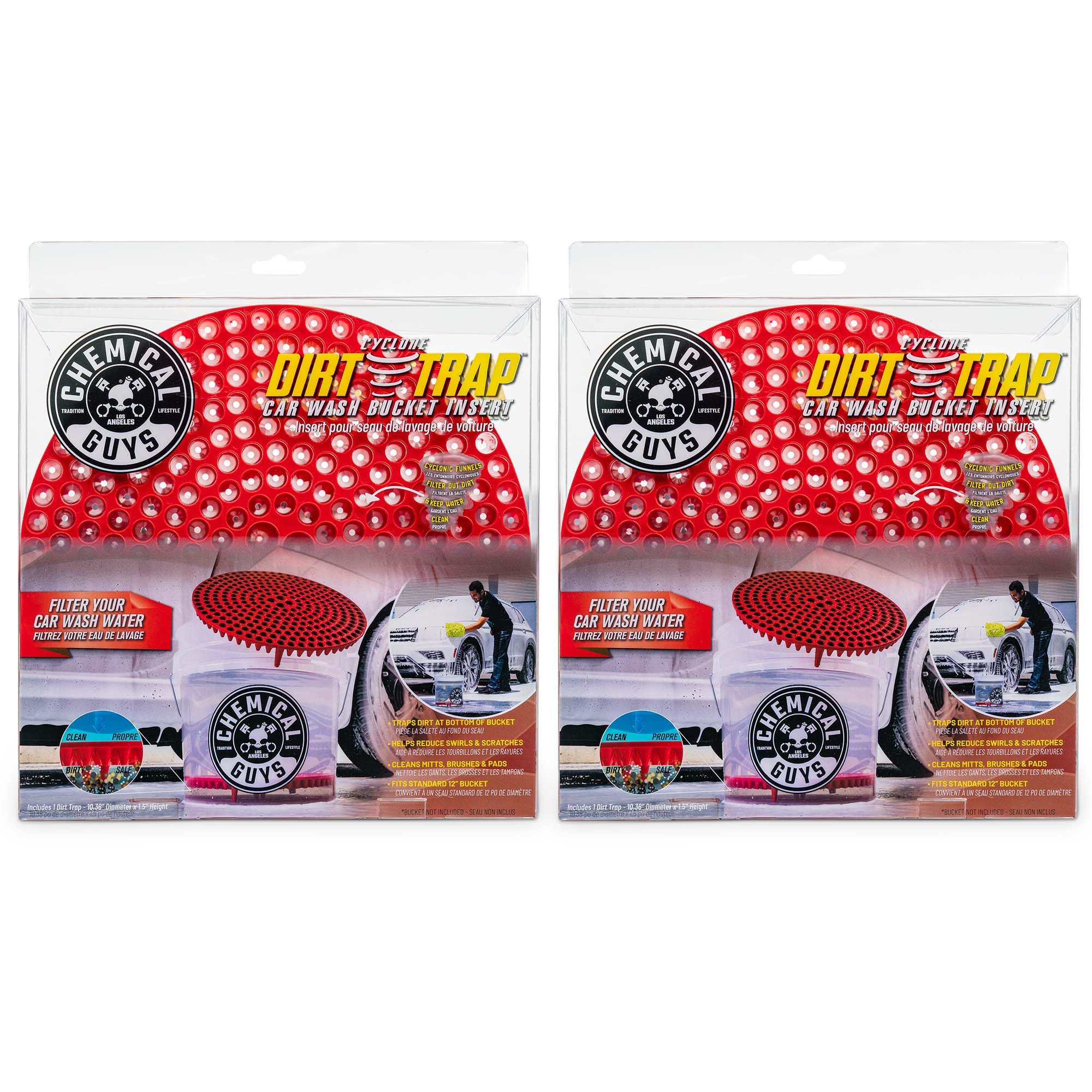 Chemical Guys Cyclone Dirt Trap red bucket insert capturing grit for safer car washing.