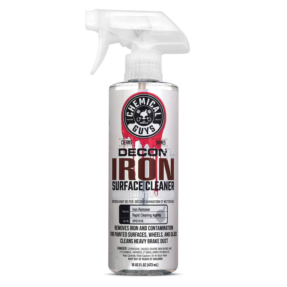 Chemical Guys Decon Pro Iron Remover bottle; effective help removing brake dust and iron deposits.
