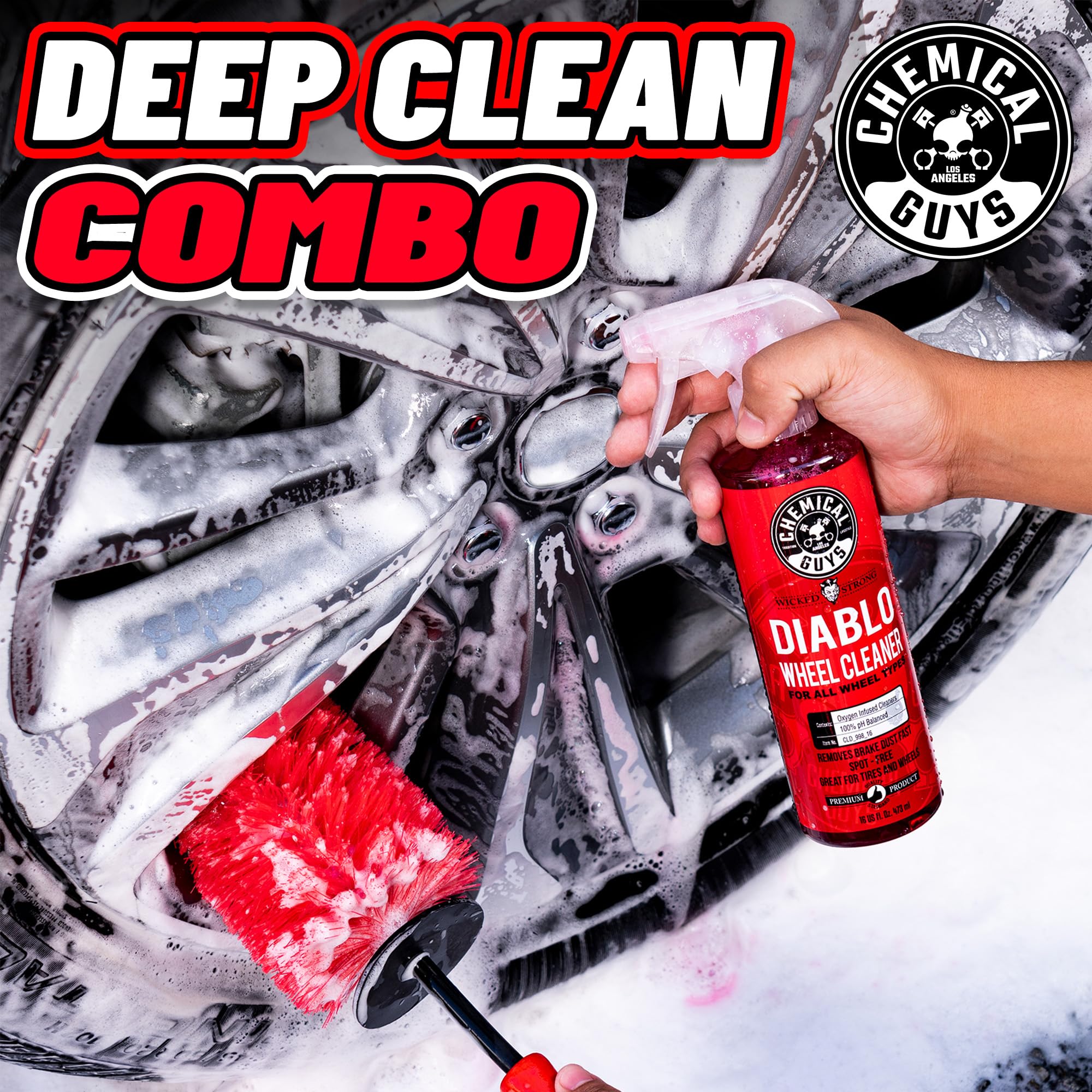 Diablo Wheel Cleaner being sprayed on a wheel to lift embedded dirt.