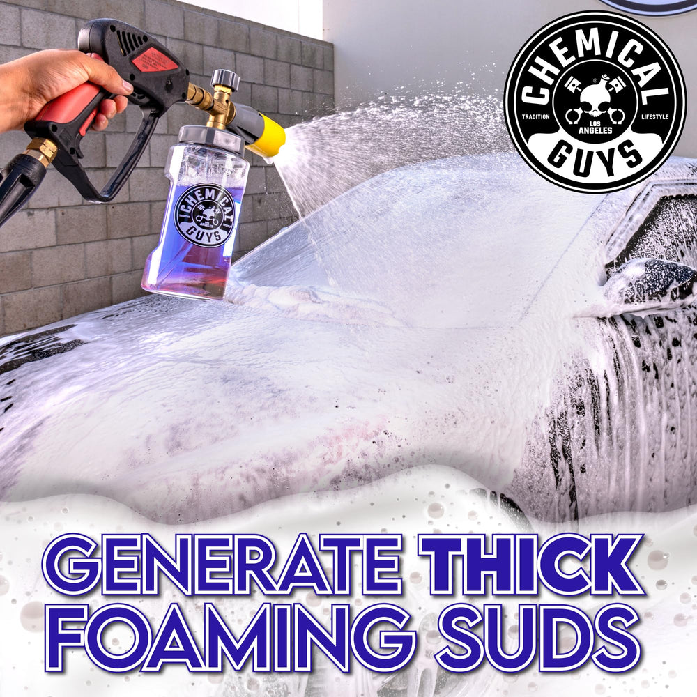 Chemical Guys Extreme Bodywash and Wax foam cannon suds blanket the vehicle.