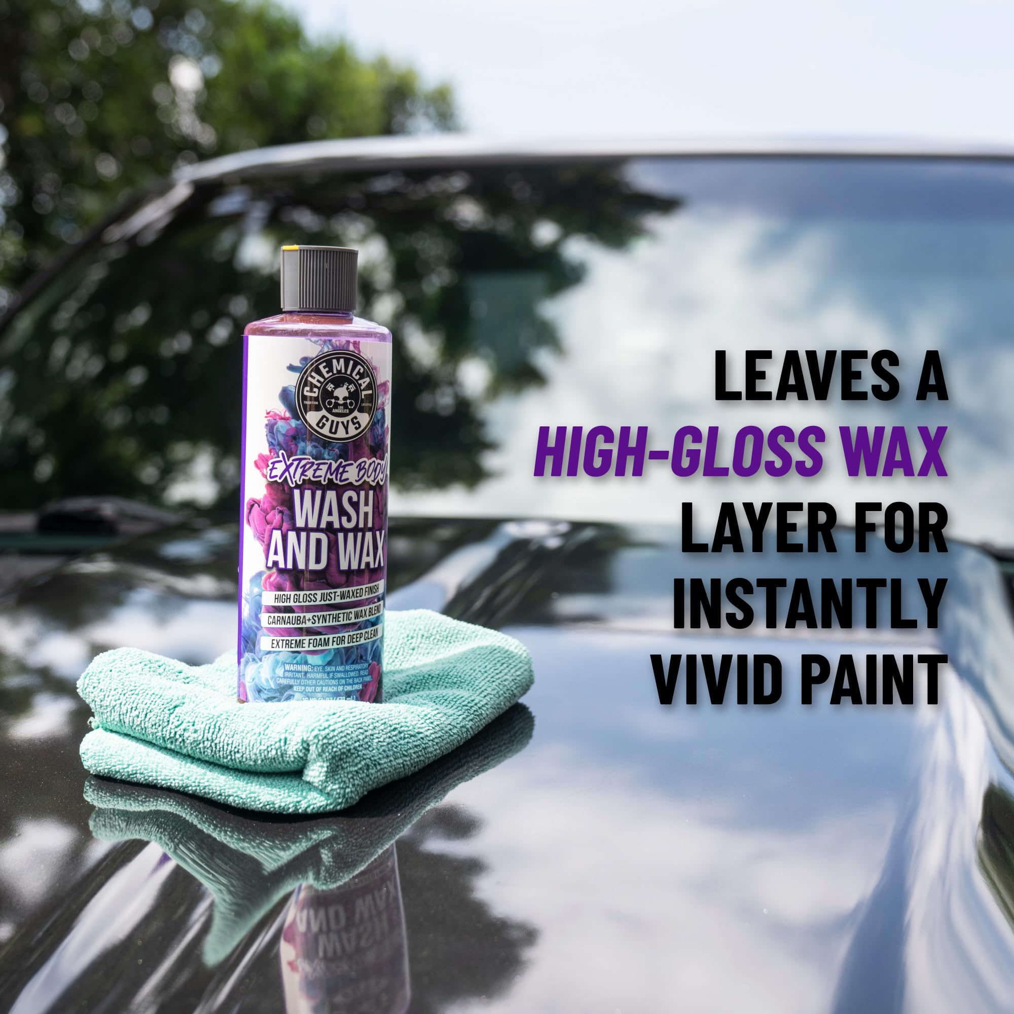 Chemical Guys Extreme Bodywash & Wax gloss beading illustrates hydrophobic protection and shine