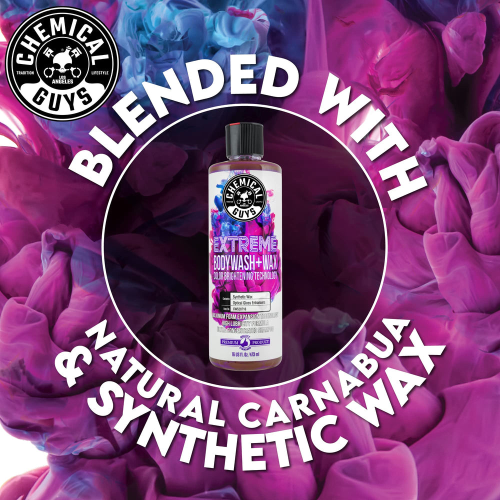 Chemical Guys Extreme Bodywash and Wax pour measurement guides optimal coverage.