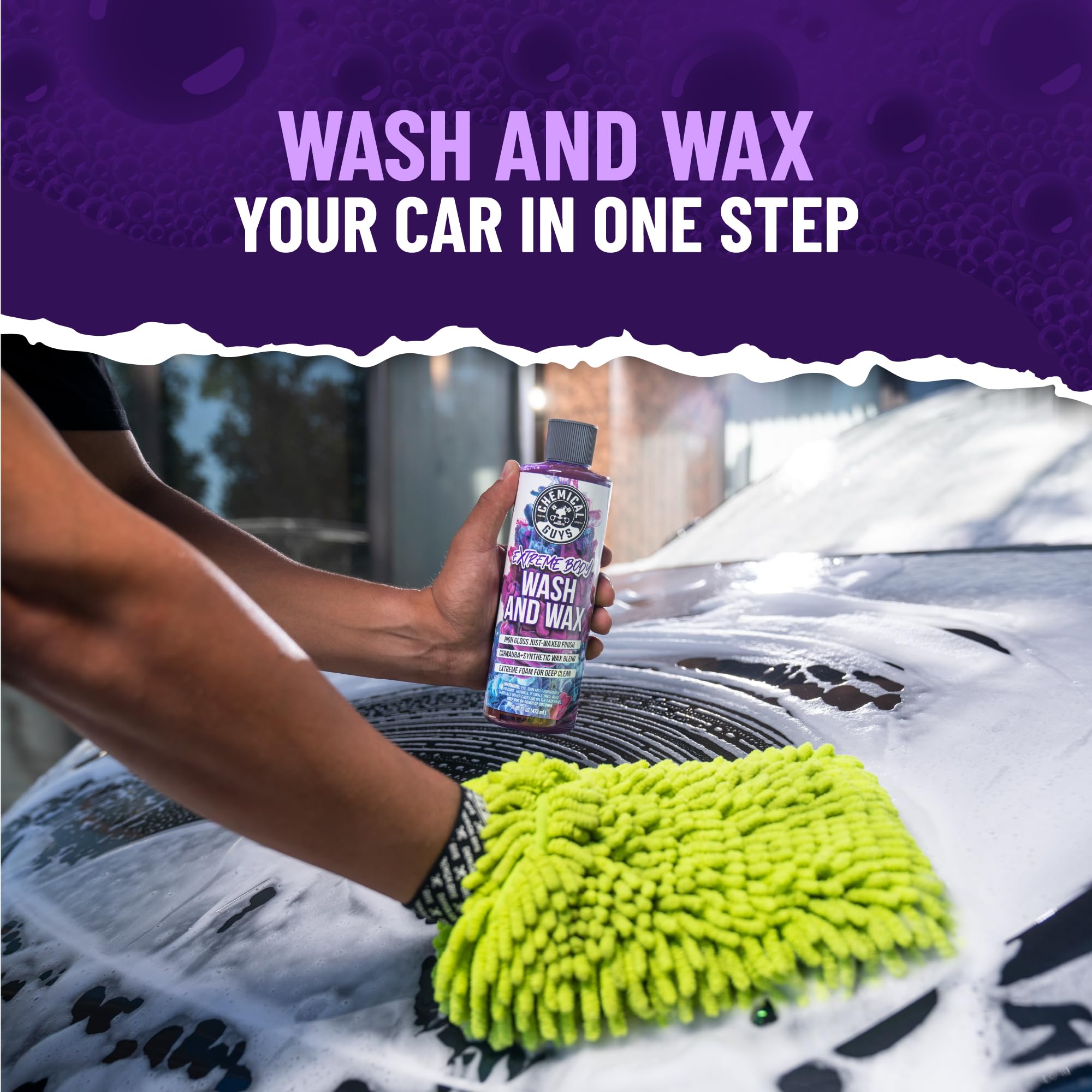 Chemical Guys Extreme Bodywash & Wax foam suds demonstrate thick lather for safe washing
