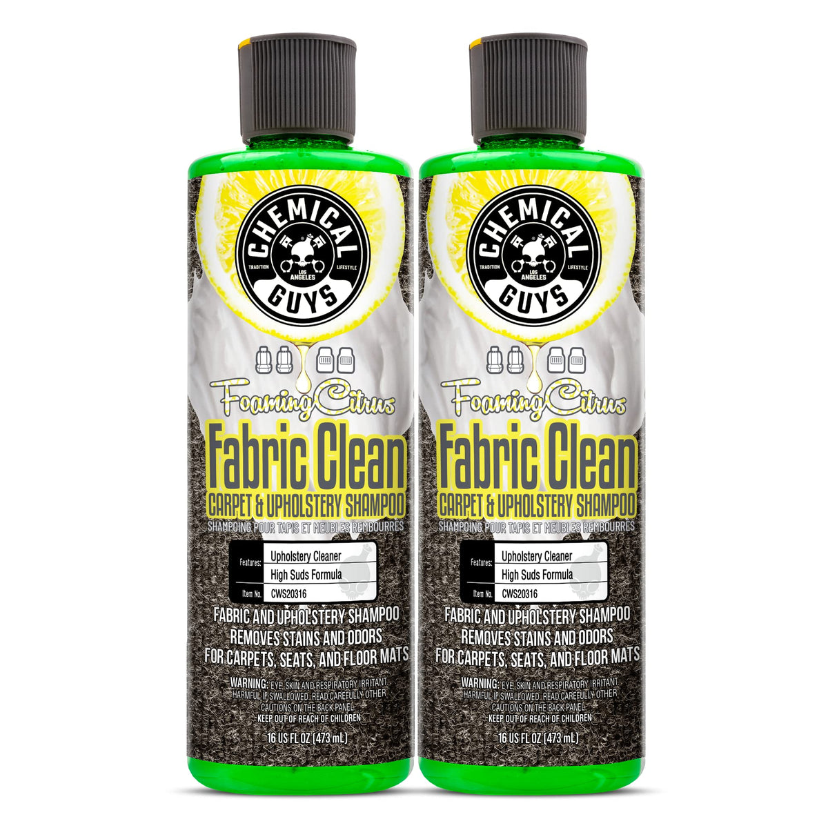 Chemical Guys Fabric Clean foaming citrus bottle for deep carpet and upholstery cleaning