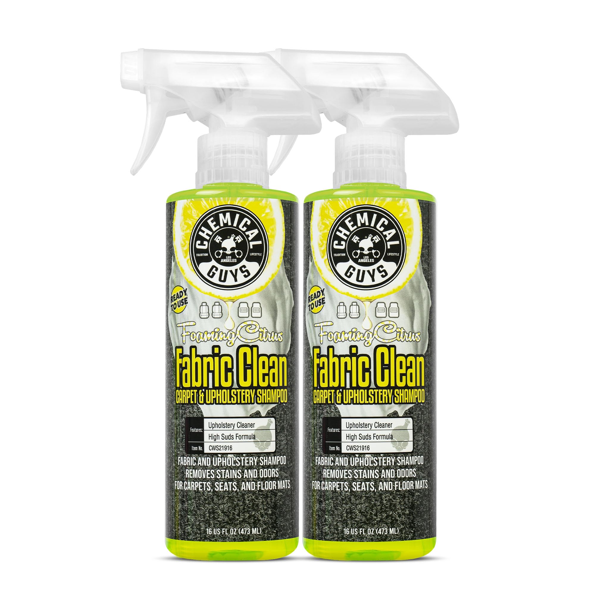 Chemical Guys Foaming Citrus Fabric Clean bottle showing spray-ready formula for fabrics and easy stain removal