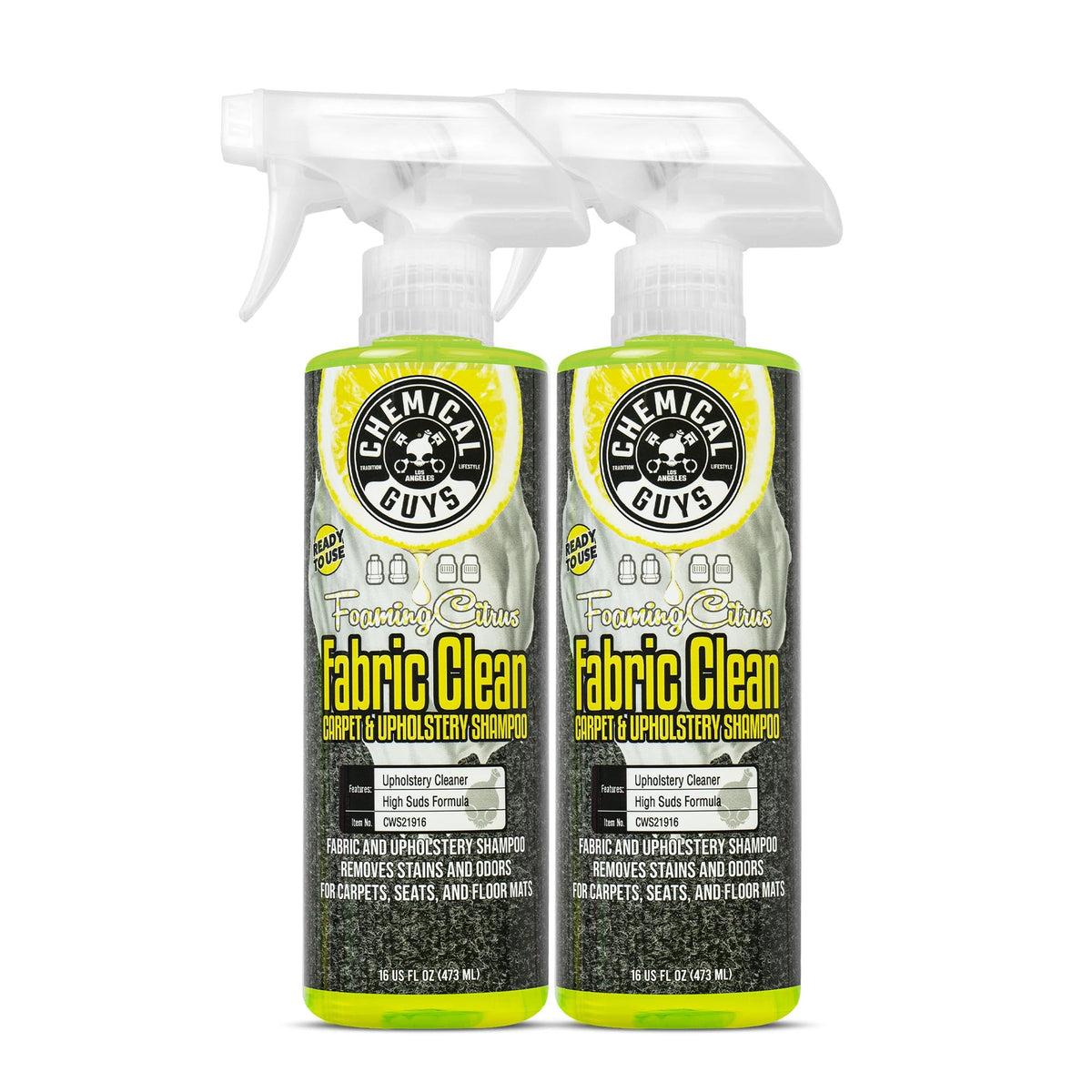 Chemical Guys Foaming Citrus Fabric Clean bottle showing spray-ready formula for fabrics and easy stain removal