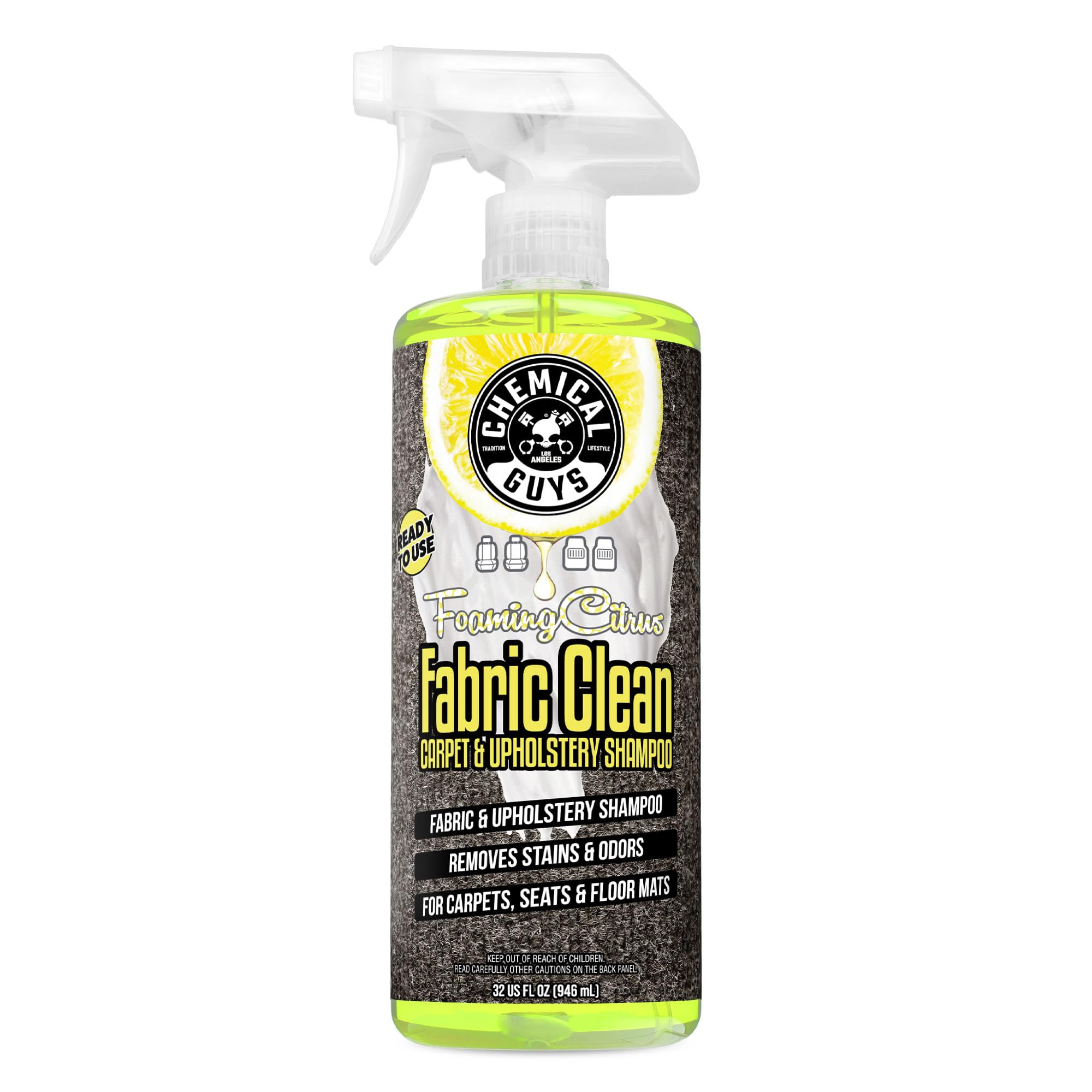 Chemical Guys Foaming Citrus Fabric Clean bottle ready to spray on fabrics for quick stain relief