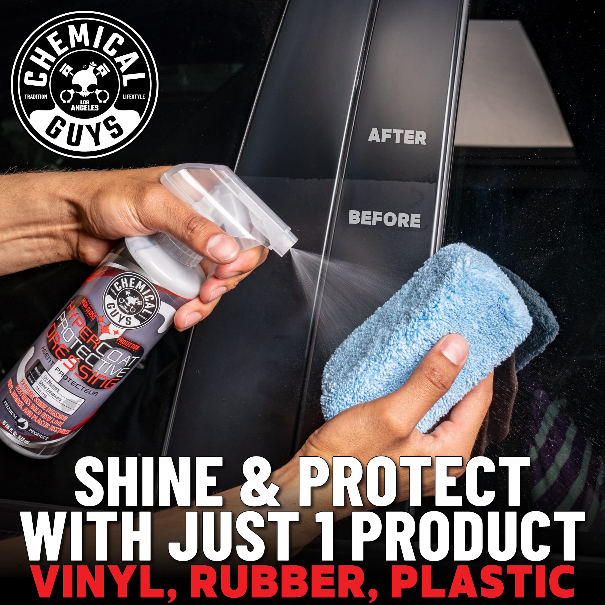Chemical Guys G6 HyperCoat drying non-greasy finish reduces dust attraction.