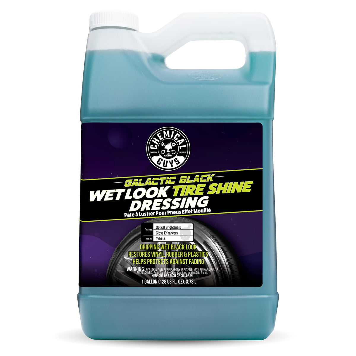 Chemical Guys Galactic Black wet-look tire shine bottle delivers dramatic gloss on tires.