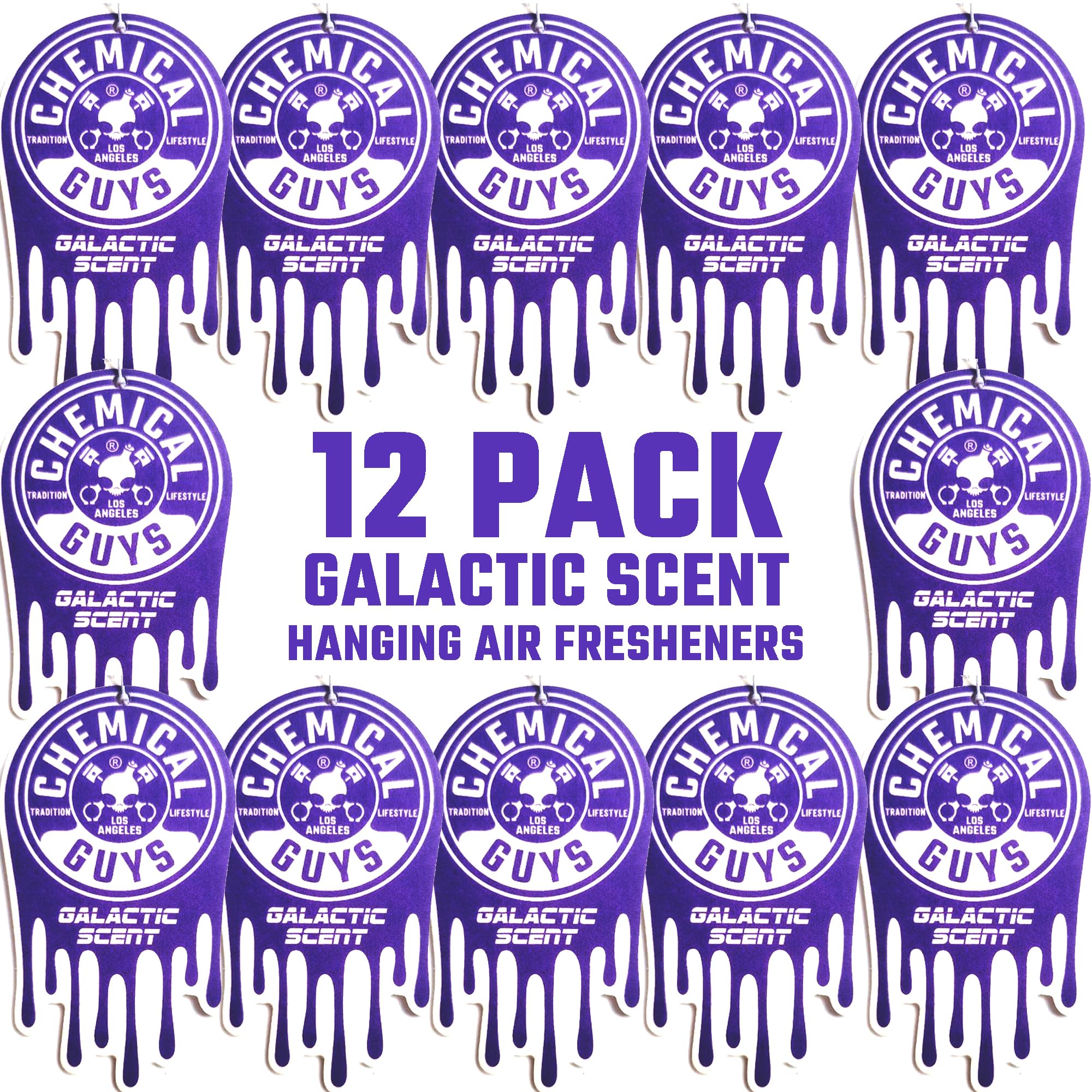 Chemical Guys Galactic Scent hanging air freshener enhances car interiors with a fruity aroma.
