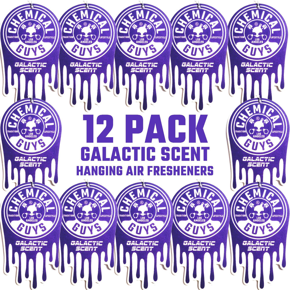 Chemical Guys Galactic Scent hanging air freshener enhances car interiors with a fruity aroma.