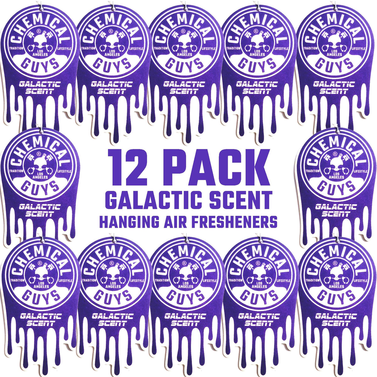 Chemical Guys Galactic Scent hanging air freshener enhances car interiors with a fruity aroma.