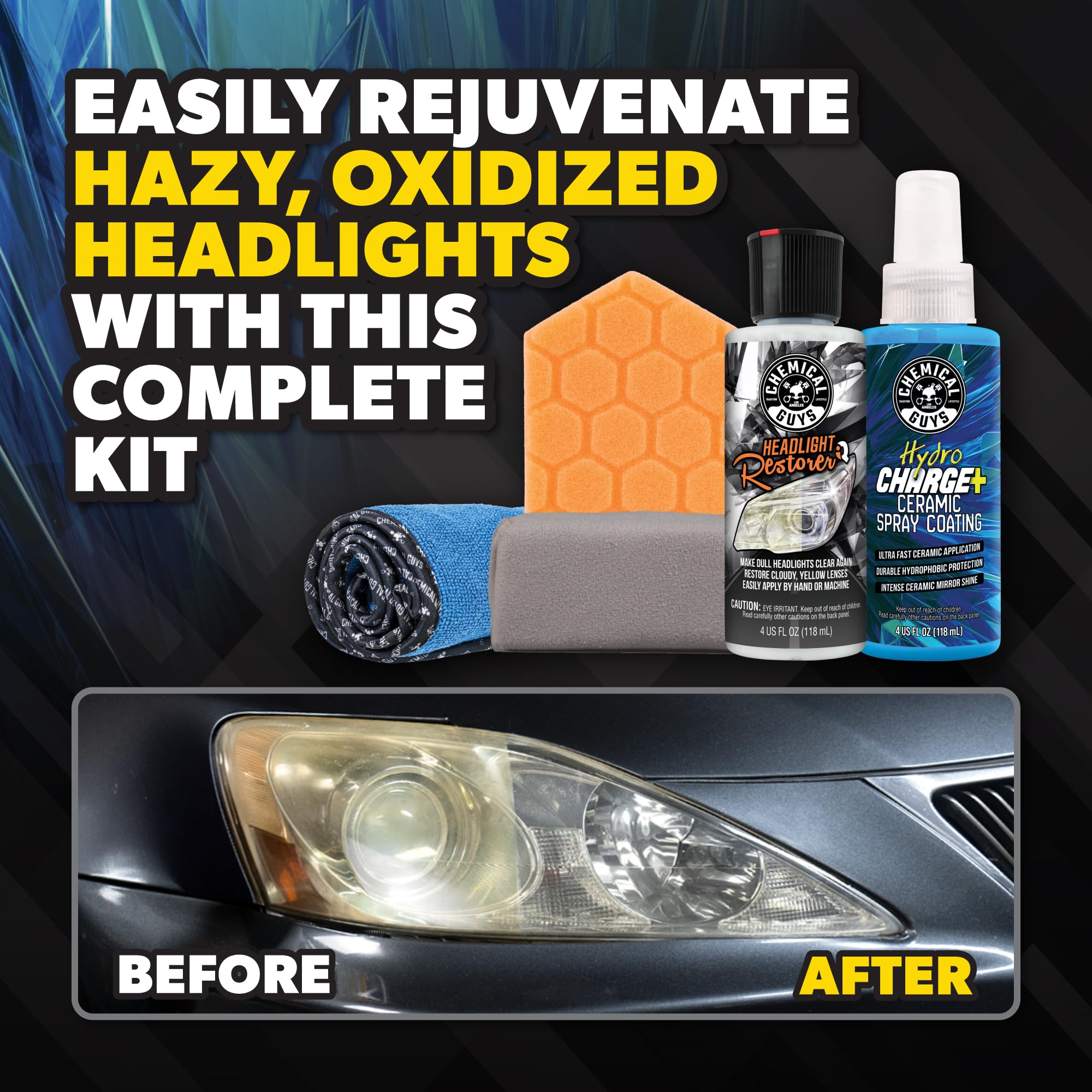 Chemical Guys headlight restoration compound 4oz used to remove oxidation and haze.