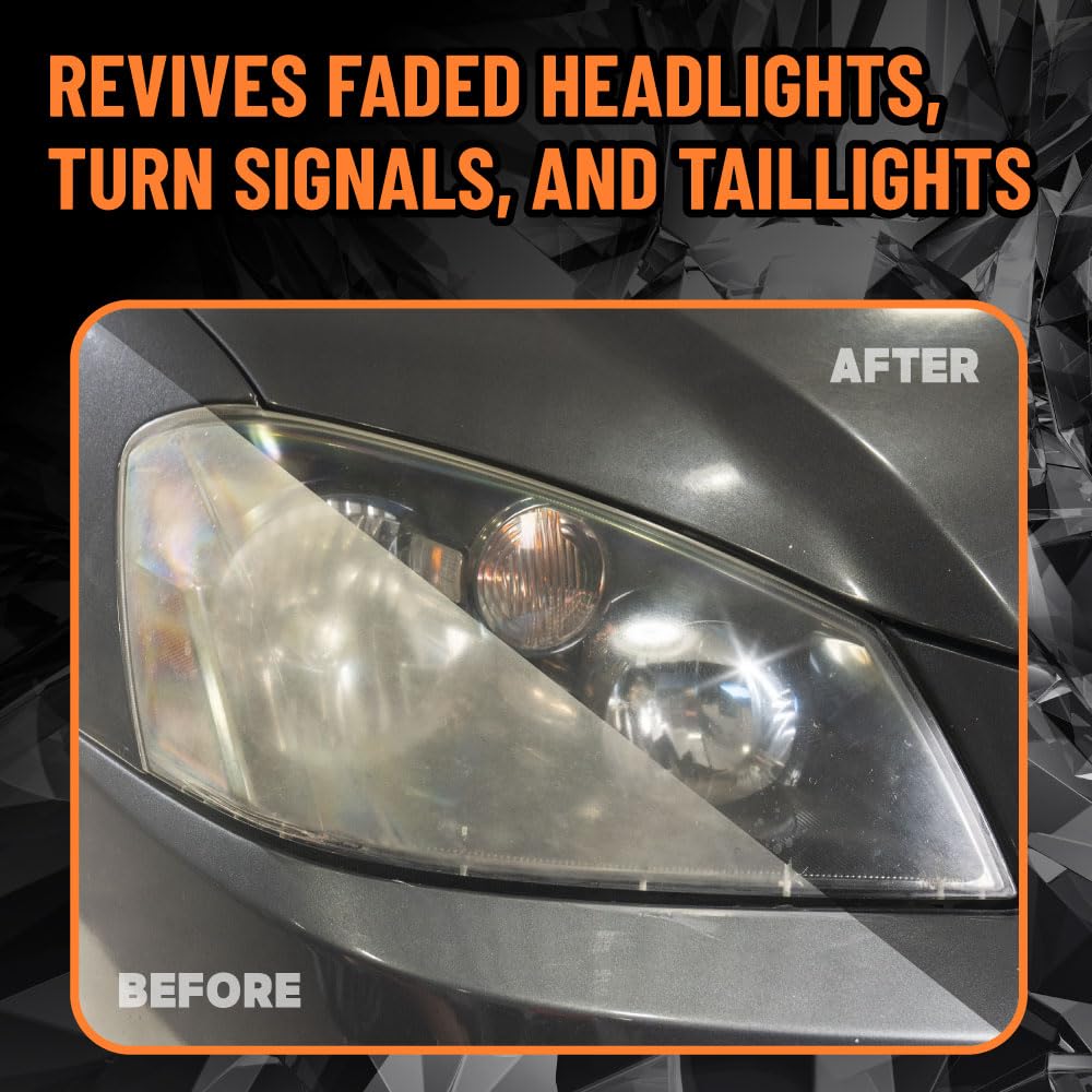 Chemical Guys Headlight Restore and Protect before-after display with clarity gain