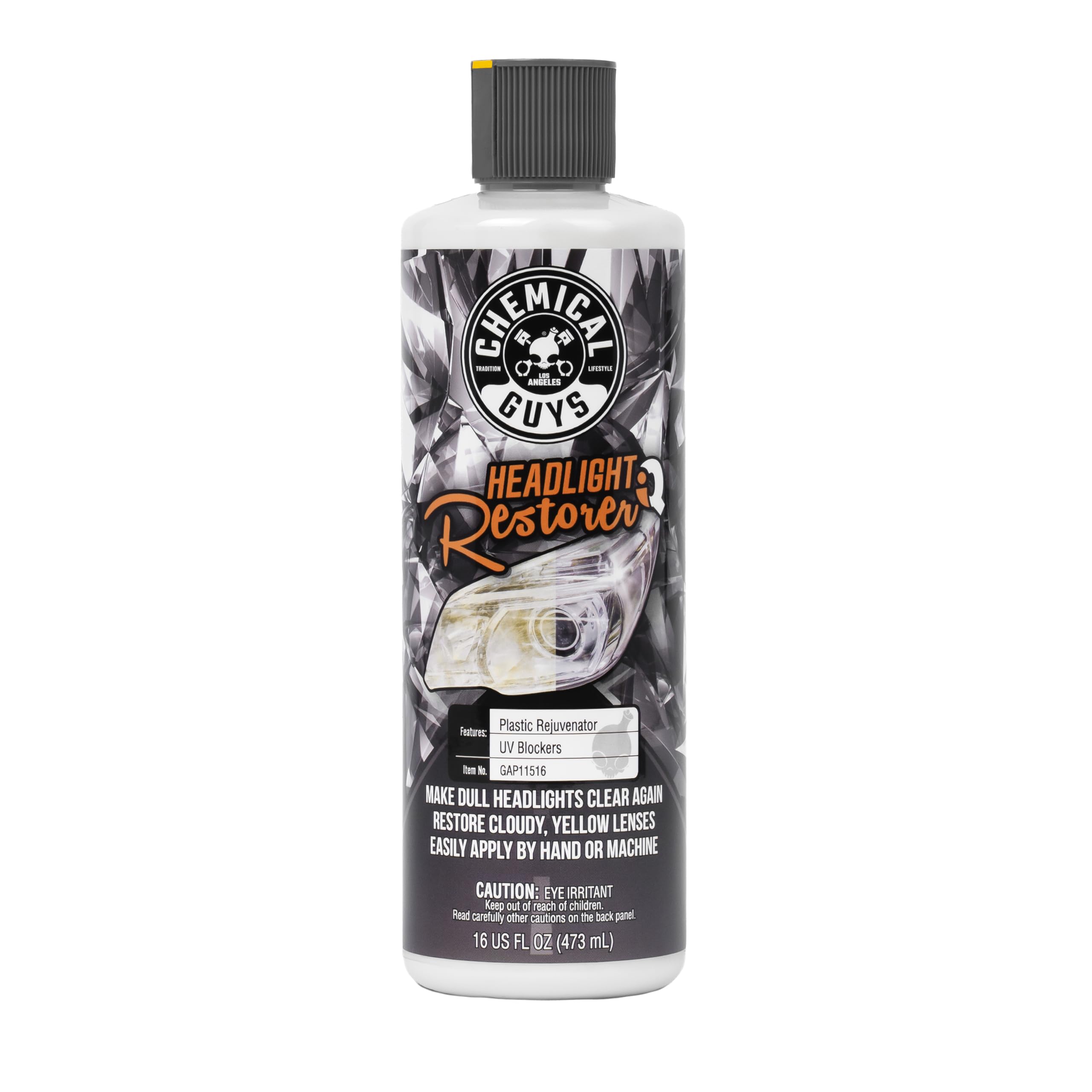 Chemical Guys Headlight Restore and Protect bottle showing at-home headlight renewal