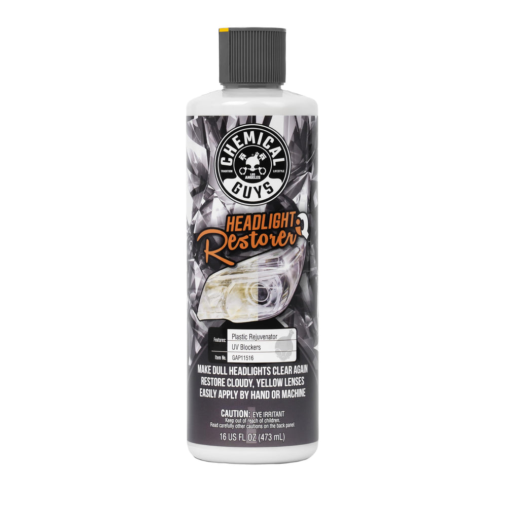 Chemical Guys Headlight Restore and Protect bottle showing at-home headlight renewal