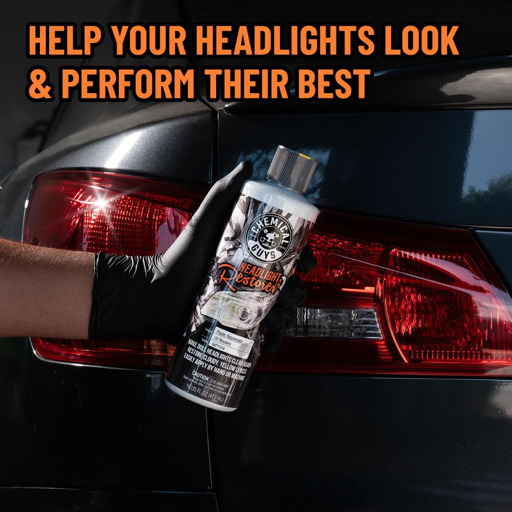 Chemical Guys Headlight Restore and Protect oxidation removal in action on lens