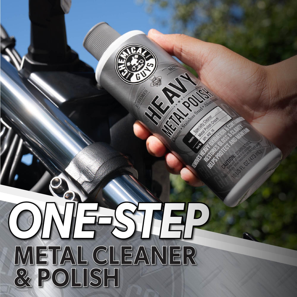 Chemical Guys Heavy Metal Polish Restorer on aluminum trim with a reflective glow.