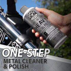 Chemical Guys Heavy Metal Polish Restorer on aluminum trim with a reflective glow.