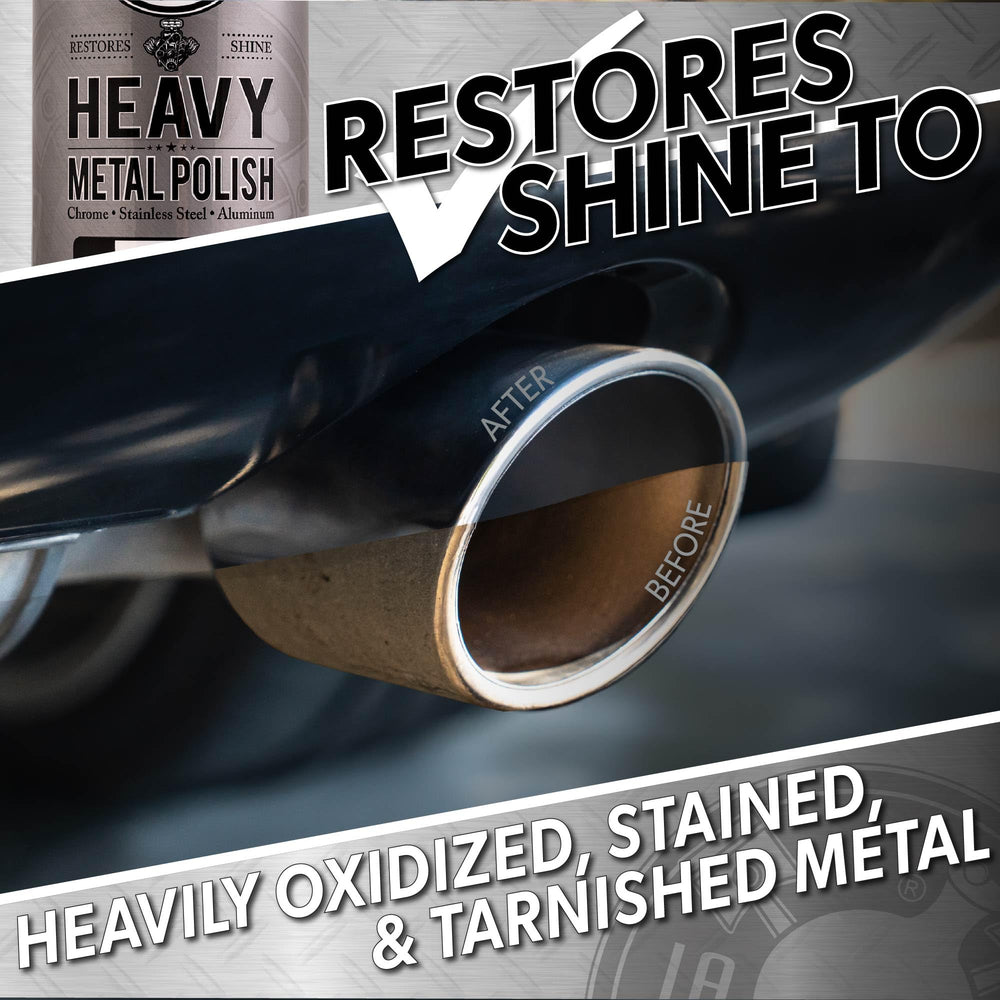 Chemical Guys Heavy Metal Polish Restorer on stainless steel bumper showing mirror-like clarity.