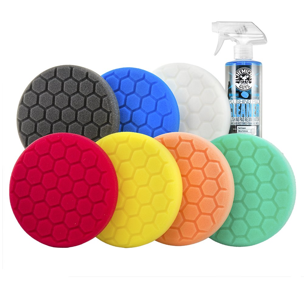 Chemical Guys Hex-Logic heavy-cutting yellow pad for fast defect removal on painted surfaces.