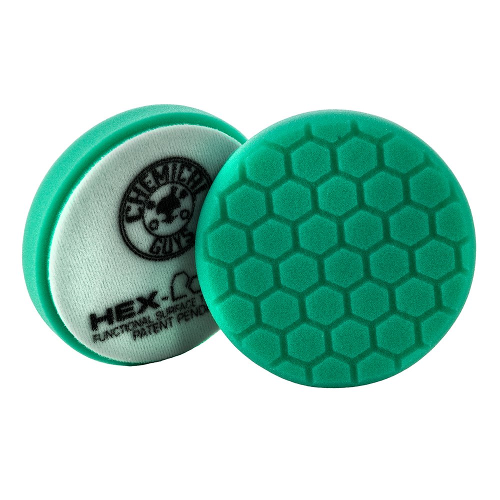 Chemical Guys Hex-Logic green heavy-polishing pad for aggressive correction and even polish.