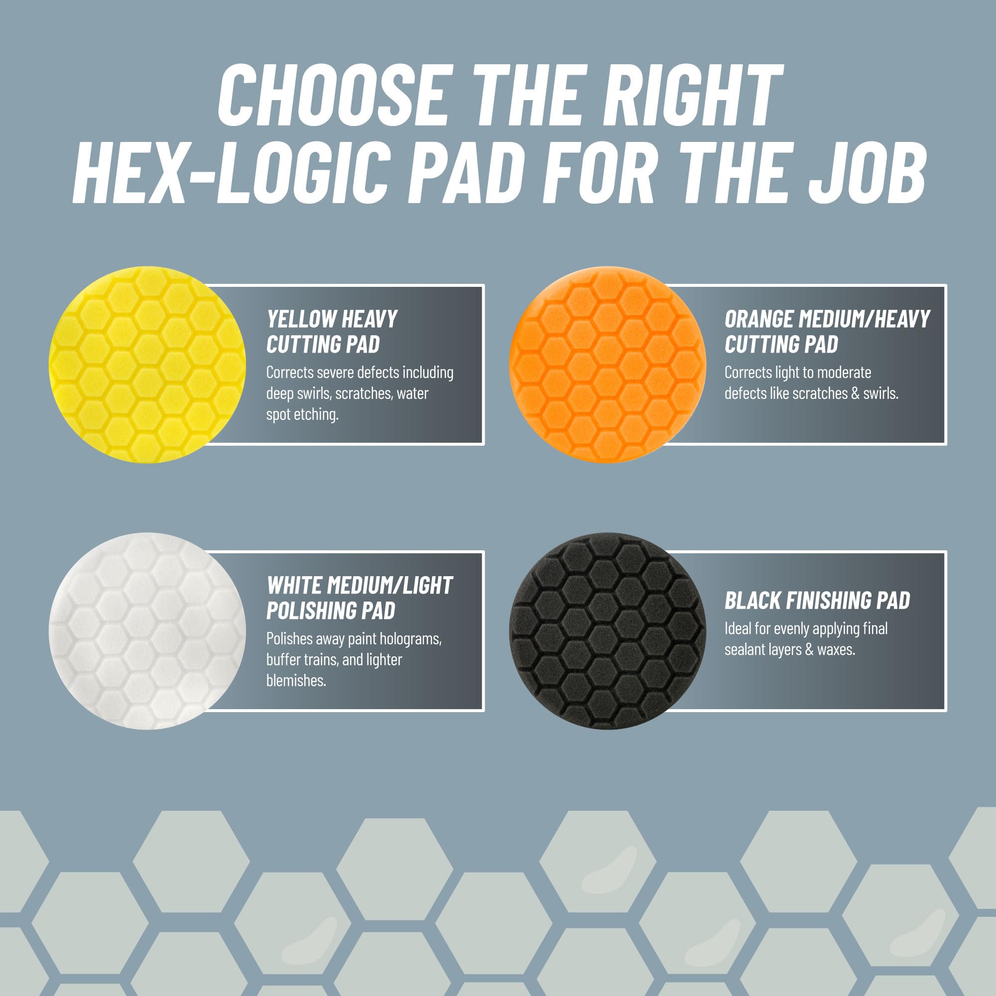 Chemical Guys Hex-Logic white pad used with DA buffer for a gloss-boosting finish.