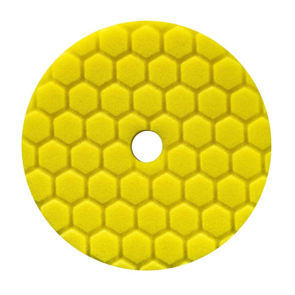 Chemical Guys Hex-Logic Quantum Yellow cutting pad on backing plate for heavy defect removal